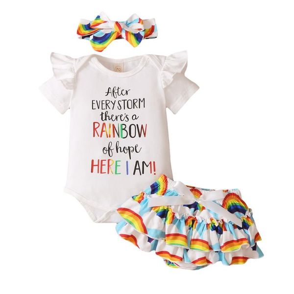 

clothing sets born baby girl clothes set summer ruffle short sleeve letter romper rainbow shorts headband 3pcs outfit infant d30, White
