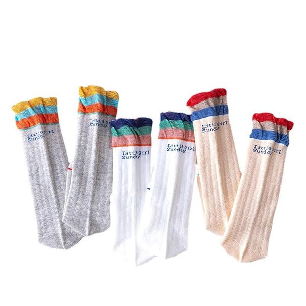 

socks children girls mid-tube combed cotton fashion rainbow code calf knee-length kids baby teenage socking 3-12y, Pink;yellow