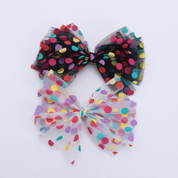 

1pc colorful dot children hair clips hair/barrettes mesh bows for girls elastic bands handmade hairgrips accessories, Slivery;white