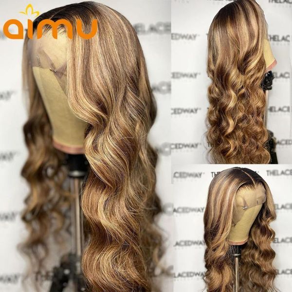 

honey blonde highlight brazilian hair wig water body wave hd lace frontal for women 13x6 human preplucked baby1, Black;brown