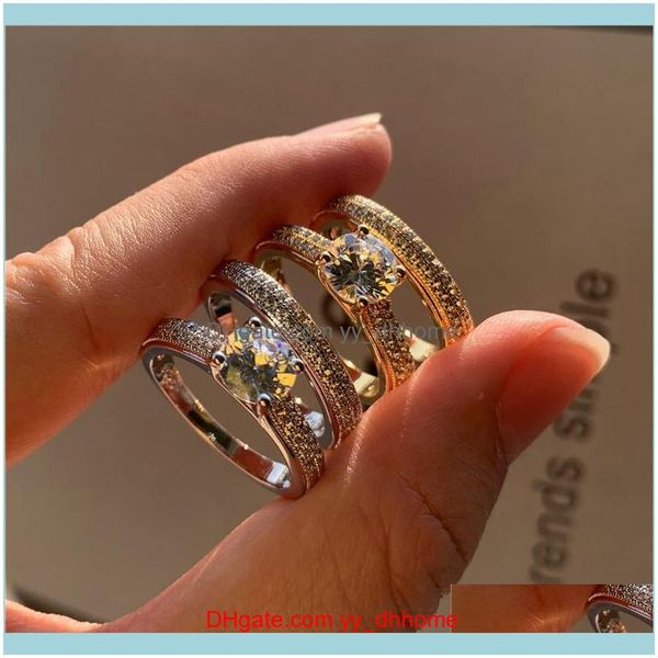 Jewelryluxury Fedi nuziali di colore bianco femminile rotondo dei monili di cristallo dell'oro rosa per le donne Anello di fidanzamento di zircone da sposa sveglio impostato Drop De