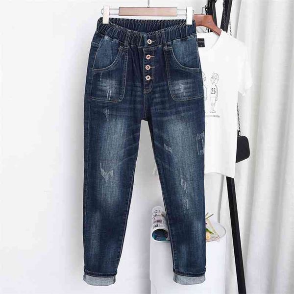 

1711 women summer fashion empire elastic waist vintage ankle length harem large size pants 5xl 100kg female casual denim jeans 210629, Blue