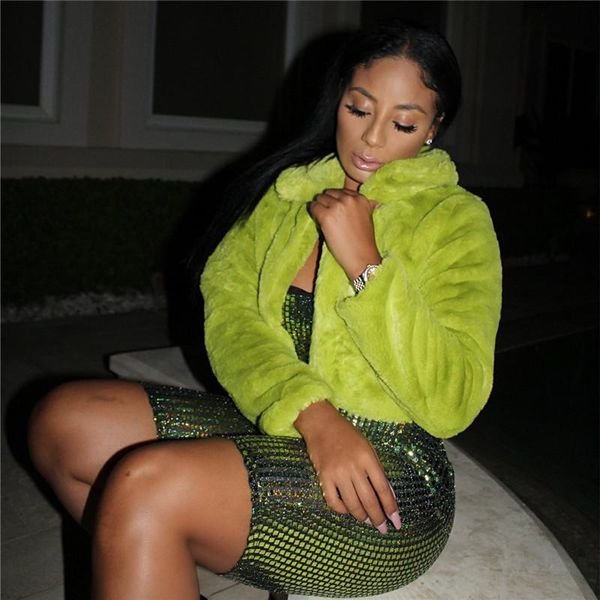 

women's fur & faux 2021 women short coat neon fluorescent winter warm cardigan cropped jacket fluffy teddy coats fashion overcoat, Black