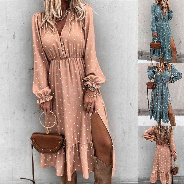

casual dresses 2022 v-neck ear button polka dot print long sleeve dresses, Black;gray