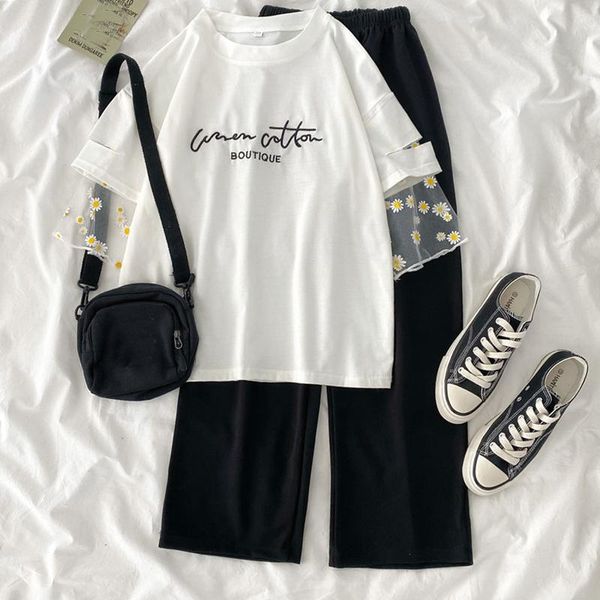 

women's two piece pants set women letter embroidery t shirt and long sets casual harajuku summer short sleeve tracksuit suit, White