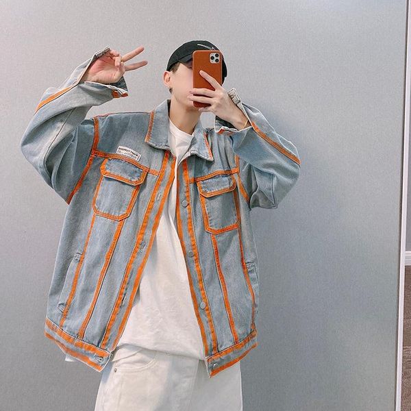 

men's jackets 2021 american retro autumn trendy brand high street old orange tie-dye blue denim jacket male ins trend, Black;brown