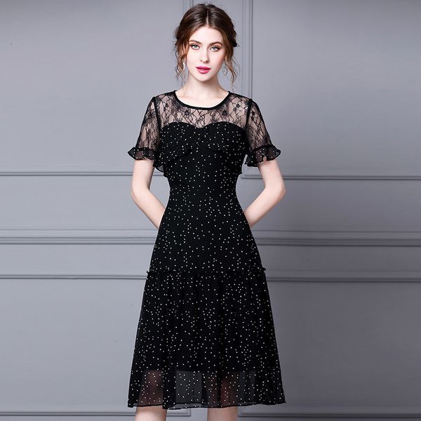 

capris 2021 summer black fashionable women polka dot print tulle lace patchwork short sleeve mid-calf length 3xl, Black;gray