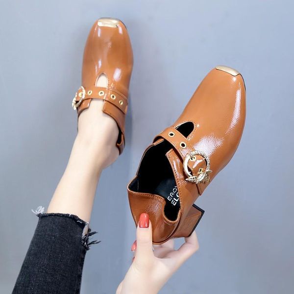

dress shoes women's ladies fashion patent leather pu metal buckle square head british style thick heel heels u18-91, Black