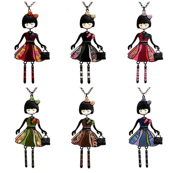 

1pc gun black drop glaze enamel beautiful dress handbag cute little girl doll pendant long chain necklace for women necklaces, Silver