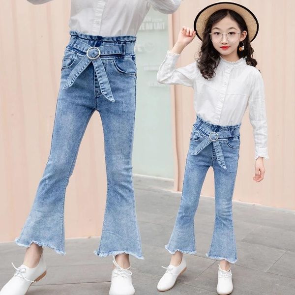 

jeans for girls spring solid color denim flare kids bowknot waist pants casual teenager trousers 6 8 10 12 13 14 years, Blue
