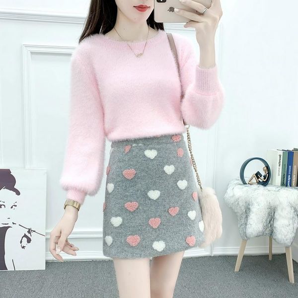 

women's tracksuits jsxdhk autumn winter sweet knit 2 piece set women o neck pink soft mohair sweater and pattern love a line skirts su, Gray