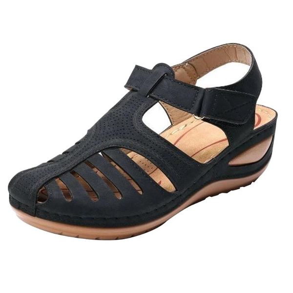 

closed toe vintage ankle strap women sandals soft sole beach round toecap hollowed out pu leather casual summer street fashion, Black