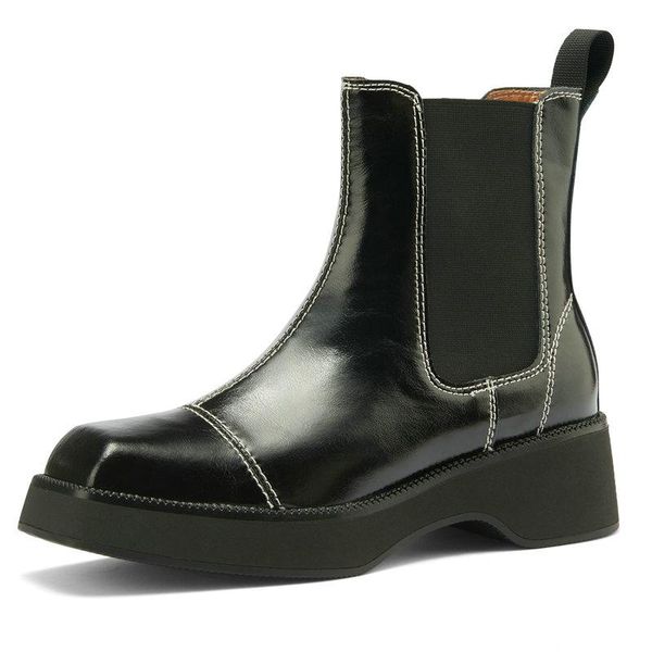 

boots elastic band motorcycle genuine leather chunky heels ankle for women round toe winter est working shoes woman, Black