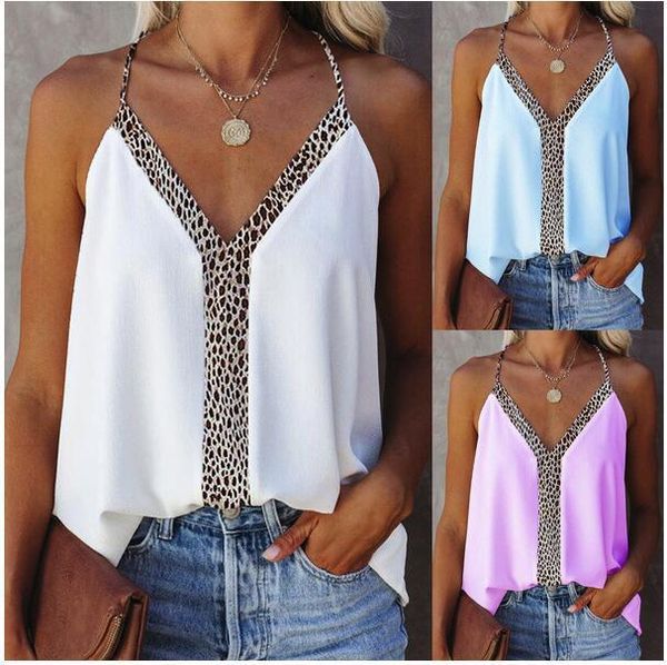 

new solid color stitching v-neck leopard suspender for women in 2021 summer, White