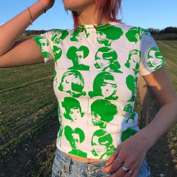 

women's t-shirt graphic print crop y2k streetwear o-neck short sleeve t-shirts summer casual green baby tees, White