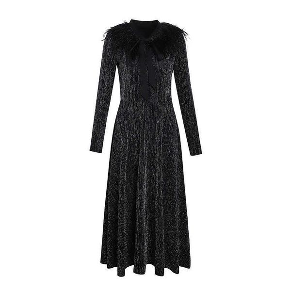 

perhaps u black empire bow collar long sleeve tassel feather stamping a-line midi evening paty drees autumn winter d0885 210529
