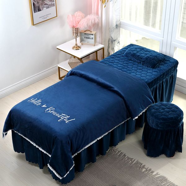 Alta Qualidade Beleza Salão Bedding Conjunto Bordado Cristal Veludo Veludo Roupa de Lençóis Lençóis Colcha Pillowcase Devet Cobertura Sets #S 210319