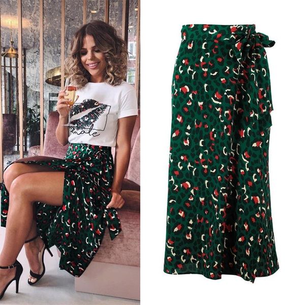 

skirts vintage leopard print long women high waist midi skirt bow tie 2021 summer split wrap ladies green beach, Black