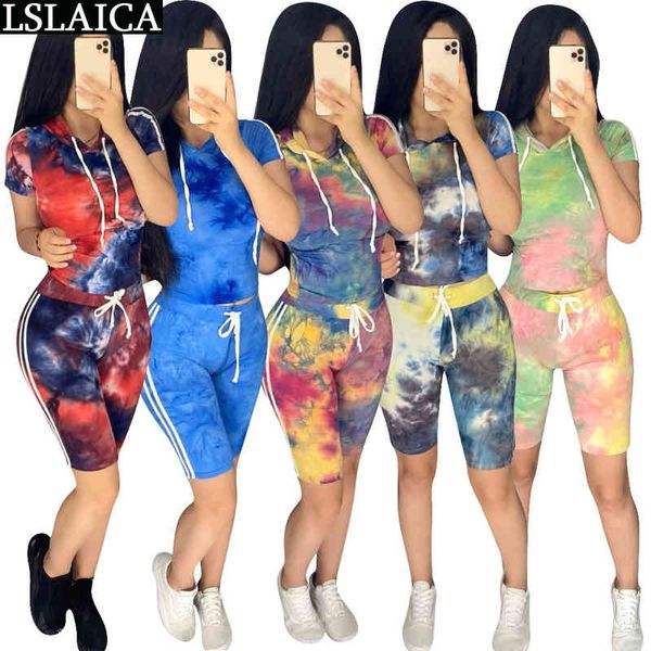 

summer set women hooded knee length pant tie-dye print causal clothing sets two pieces office sport fashion ropa mujer 210520, White