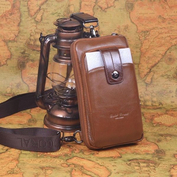 

men mobile phone bag genuine leather man waist bags travel hip pack multi function wallet hook package messenger l-155