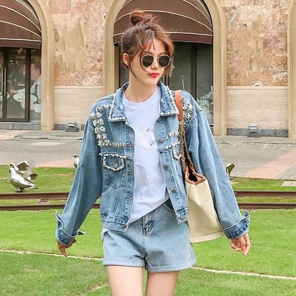 

women's jackets korean style womens turn-down collar single breasted pockets fashion denim office lady diamonds design casual coat, Black;brown