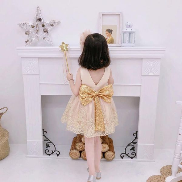 

baby girls sequin dress toddler tutu big v-back pageant with bow kids birthday party gold gown sleeveless 3t princess 4t girl's dresses, Red;yellow
