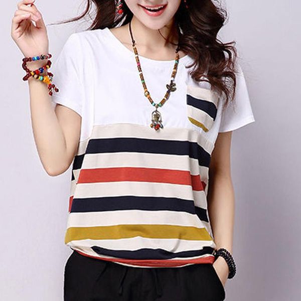 

women's t-shirt fashion women striped harajuku tee ladies o-neck short-sleeved loose cotton casual summer plus size camiseta mujer, White