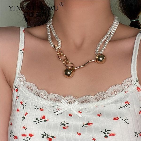 

chokers korean fashion white imitation pearl choker necklace for women bead statement elegant temperament round ball pendant, Golden;silver