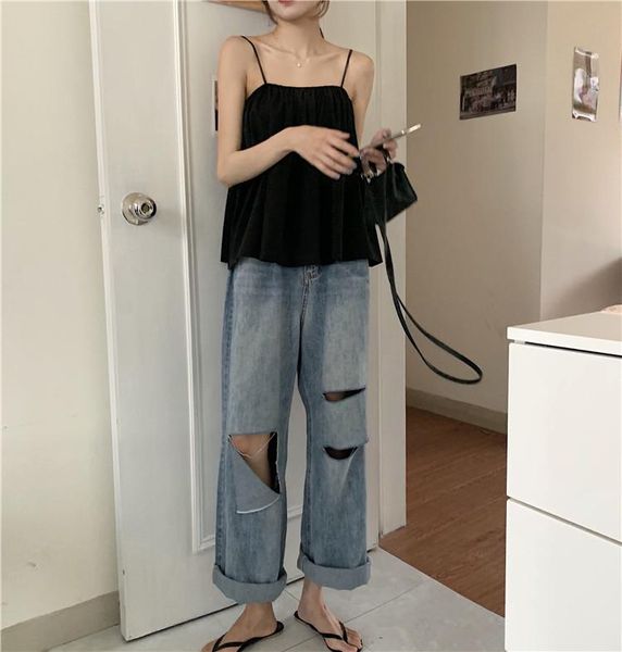 

denim pants with loose straight holes women's jeans, Blue