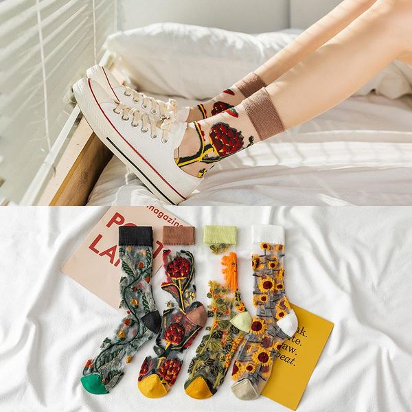 

socks & hosiery women summer thin section in tube tide european and american style flowers forest glass silk breathable women's, Black;white