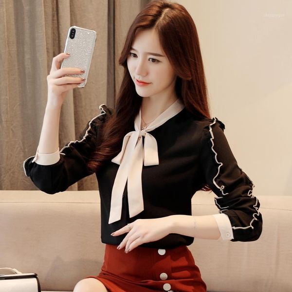 

spring sweet bowknot temperament chiffon unlined upper garment port early shirt with long sleeves women's blouses & shirts, White