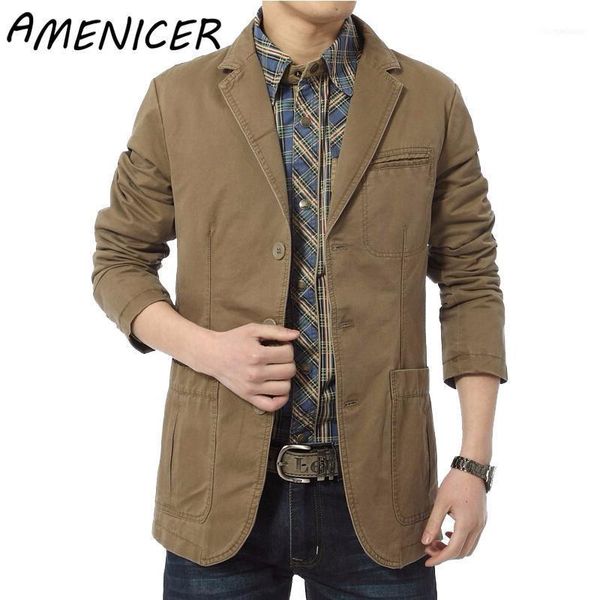 Abiti da uomo Blazer Uomo all'ingrosso- Uomini di marca Casual Cotton Denim Parka Slim Fit Giacche Army Green Khaki Large Size1