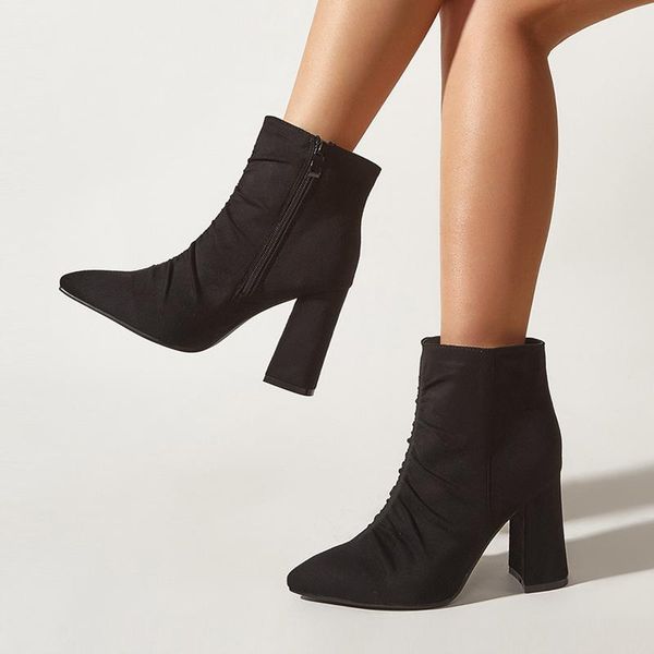 

boots 2022 autumn winter for women fashion pleated leather designer heels bootties pointed toe zip female party shoes pumps, Black