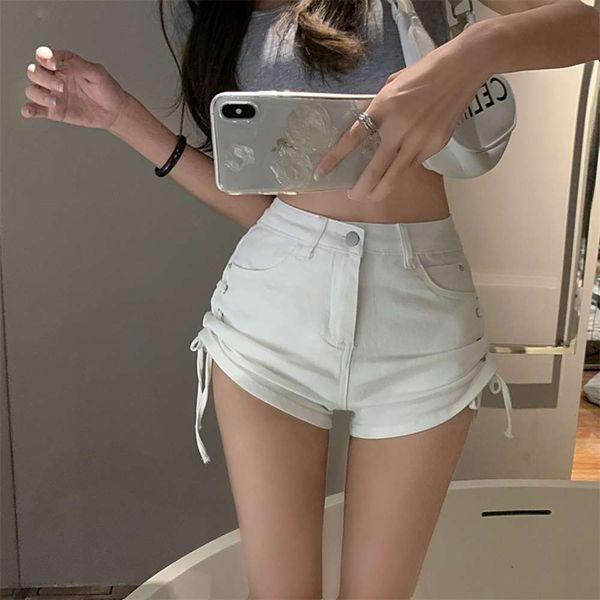 

drawstring denim shorts summer high waist pants show thin girl tight, Blue