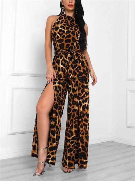 

women's jumpsuits & rompers women jumpsuit 2021 wide leg romper party sexyhigh slit loose bohemian leopard for, Black;white
