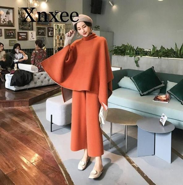 

winter autumn knitted suit 2 piece turtleneck cloak loose and ankle-length pants woman woolen blends sweater set women's two, White