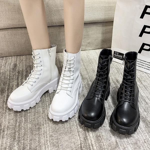 

boots women's rubber autumn shoes round toe zipper boots-women rain lolita med rock ladies ankle summer 2021 pu hoof heels basi, Black