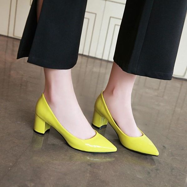 

dress shoes spring thick heeled high single toe shallow mouth patent leather large size 40-43 women's fluorescent green, Black