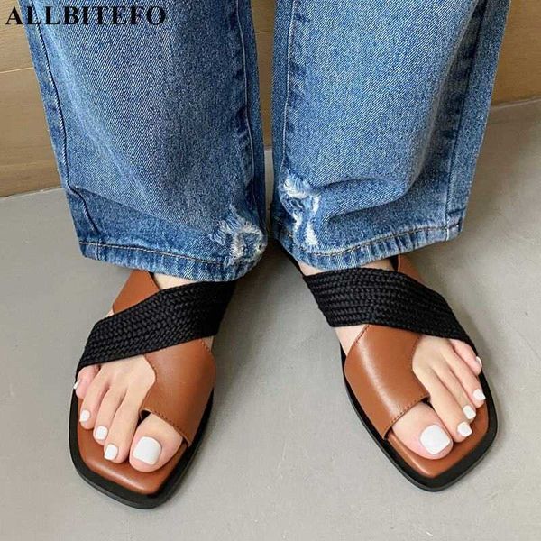 ALLBITEFO Weiche Echtes Leder Frauen Sandalen Schuhe Heels Sommer Mode Komfortable Strand Schuhe Hausschuhe Outdoor-Flip-Flops 210611