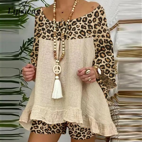 

women's tracksuits summer vintage leopard patchwork outfits set cotton linen shirt and loose shorts suit casual 3/4 sleeve women two p, Gray