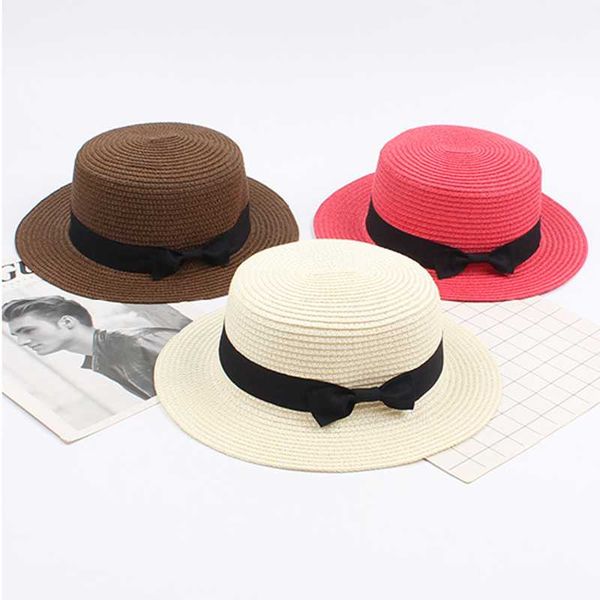 

simple summer beach hat female casual women's hats flat brim bowknot straw cap girls sun for swimming sports fashion outdoor, Black;white