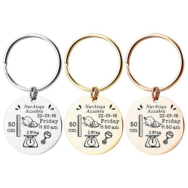 

keychains personalised baby keychain keyring custom engraved name date of birth weight height for born personalized key chain mom gift, Silver