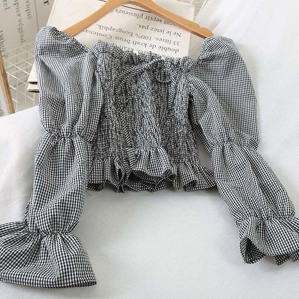 

women's blouses & shirts 2021 spring and autumn square neck bubble sleeve sense niche design short style leaky clavicle show thin waist, White