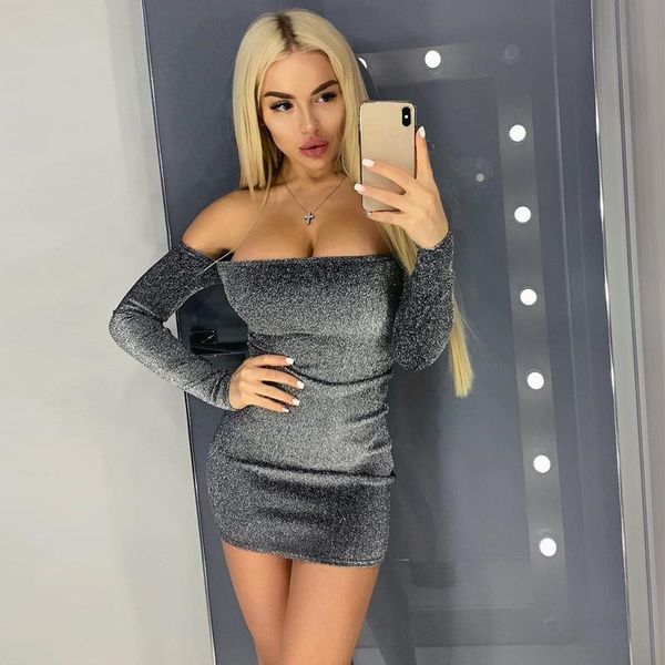 

casual dresses glitter bodycon dress women off shoulder long sleeve summer 2021 night club party glittering skinny vestidos, Black;gray