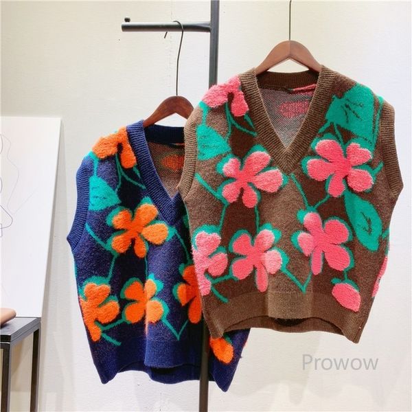 

knits flowers flocking jacquard knitted women spring fall joker vest v-neck sleeveless pullover sweater students top, White