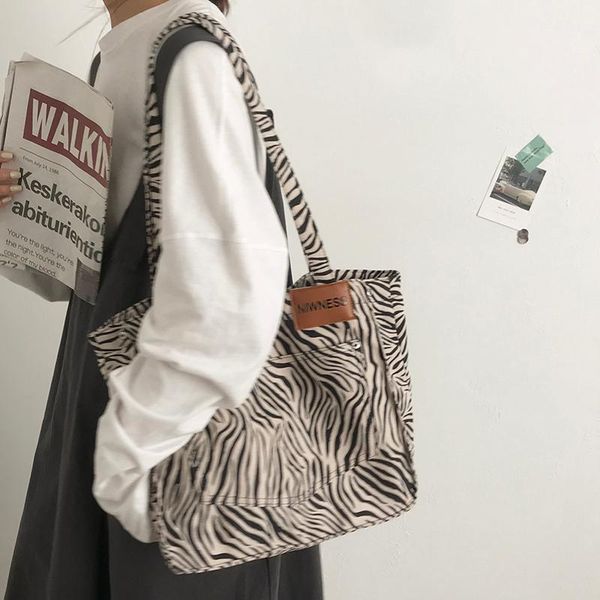 

zebra pattern canvas bag women 2021 fashion casual open soft tote large capacity single shoulder bags