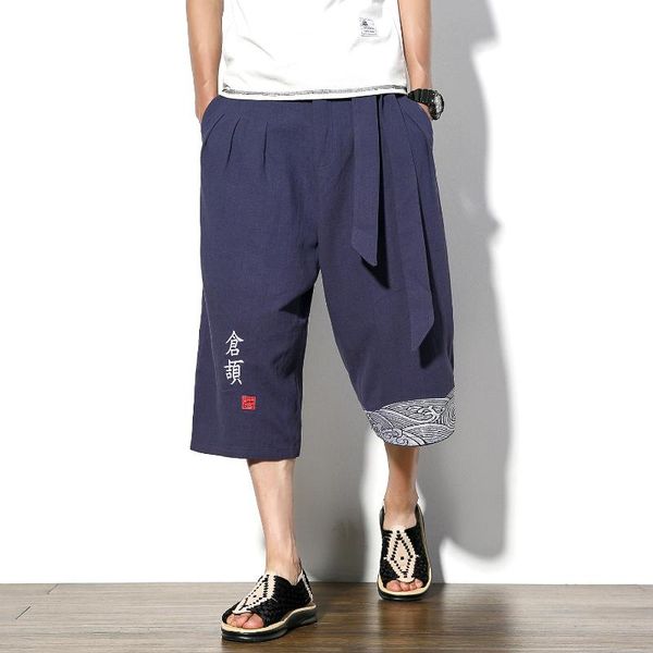 

japanese style kimono men's gymnastics yoga sports loose shorts linen cropped trousers summer embroidered, White;black