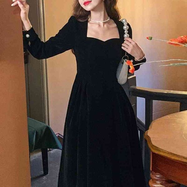 

casual dresses french velvet midi office lady winter black vintage evening party long sleeve elegant korean rrm4, Black;gray