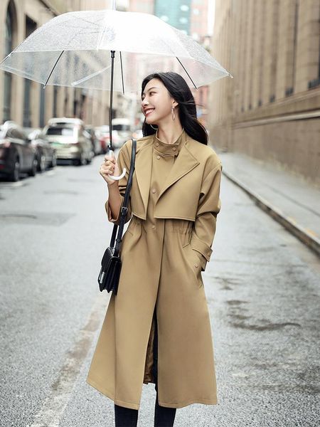 

women's trench coats windbreaker long british style in spring 2021 and autumn versatile khaki coat, Tan;black
