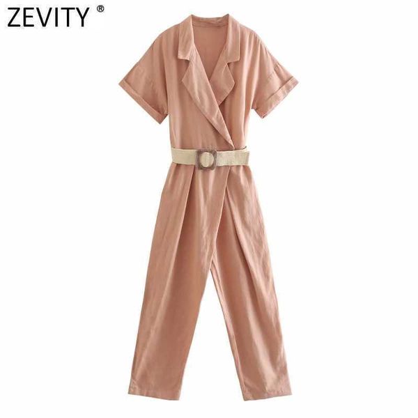 

zevity women turn down collar solid color sashes ankle length jumpsuits chic ladies short sleeve casual business rompers ds8258 210603, Black;white